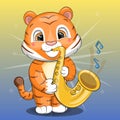 Cute cartoon tiger with saxophone. Royalty Free Stock Photo